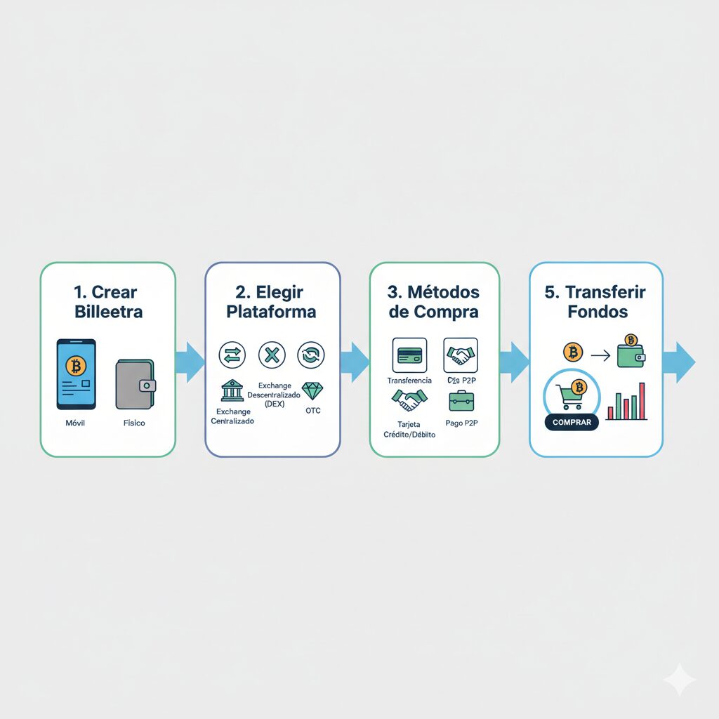 Ilustración paso a paso del proceso de compra de Bitcoin mostrando diferentes métodos y plataformas disponibles
