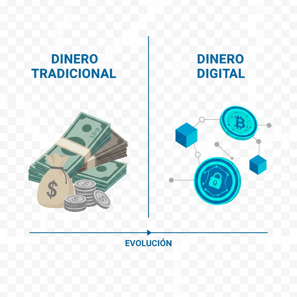 Comparación visual entre billetes tradicionales y monedas digitales representando la evolución del sistema monetario