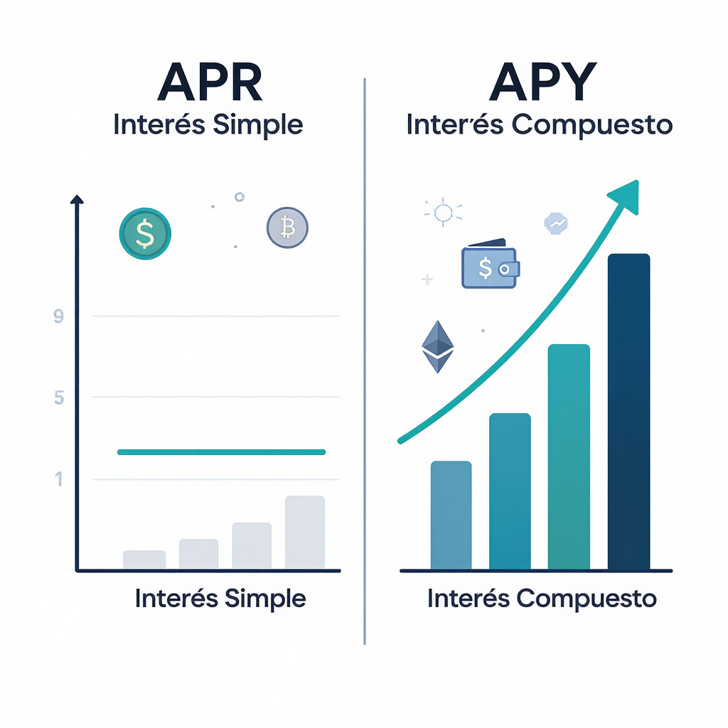 Infografía comparativa mostrando la diferencia entre cálculo de APR con interés simple y APY con interés compuesto en criptomonedas