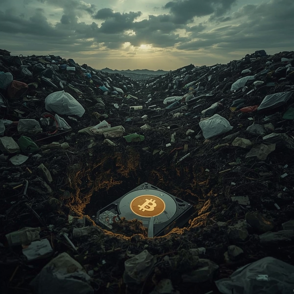 Ilustración representando el disco duro de James Howells enterrado bajo montañas de basura en el vertedero de Newport con el valor de $1 mil millones destacado