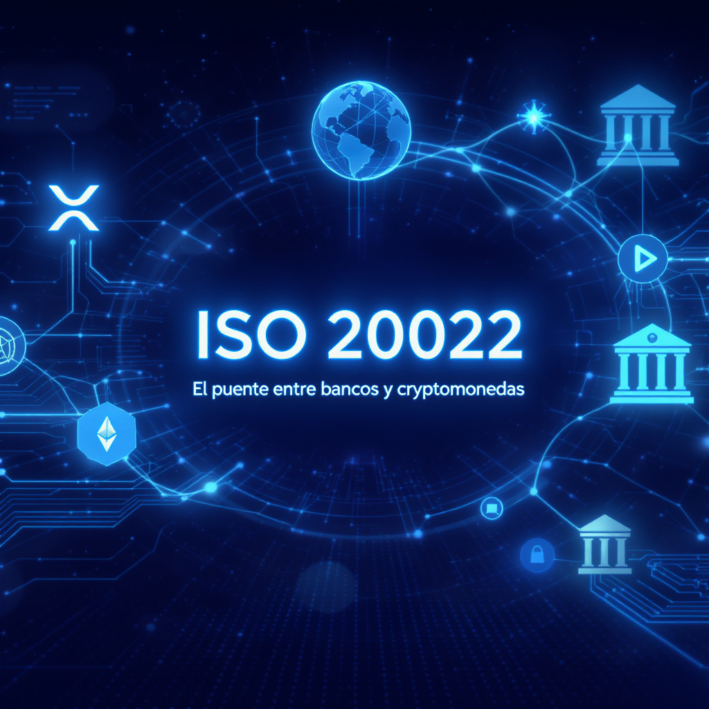 Representación visual del estándar ISO 20022 conectando criptomonedas como XRP y Stellar con el sistema bancario tradicional y SWIFT
