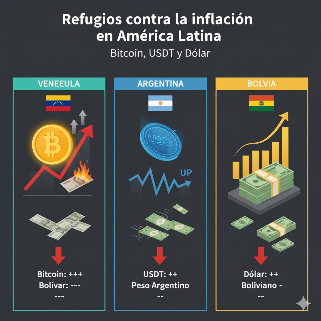 Comparación visual de Bitcoin, USDT y dólares físicos como refugios contra inflación en Venezuela, Argentina y Bolivia